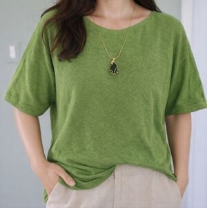 Eileen Fisher Organic Linen Green Grass Short Sleeve Relaxed Fit Top  L